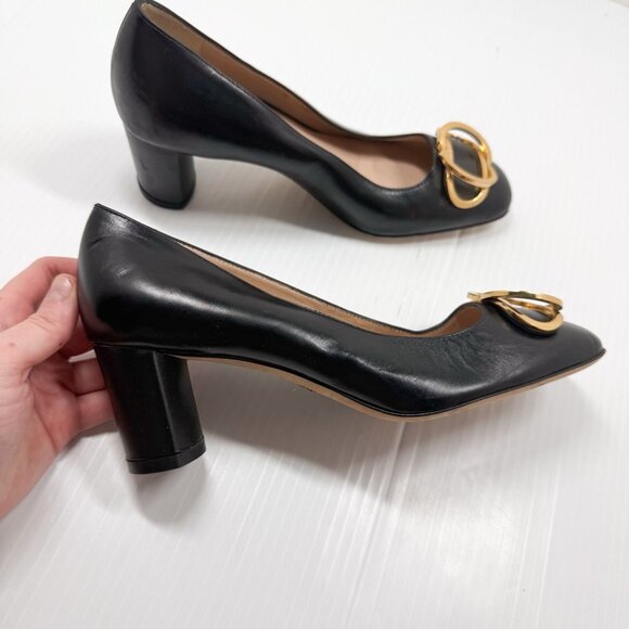 Stuart Weitzman Anicia 60 Black Leather Pumps Gold Buckle Size 5.5 Block Heel - Picture 10 of 13